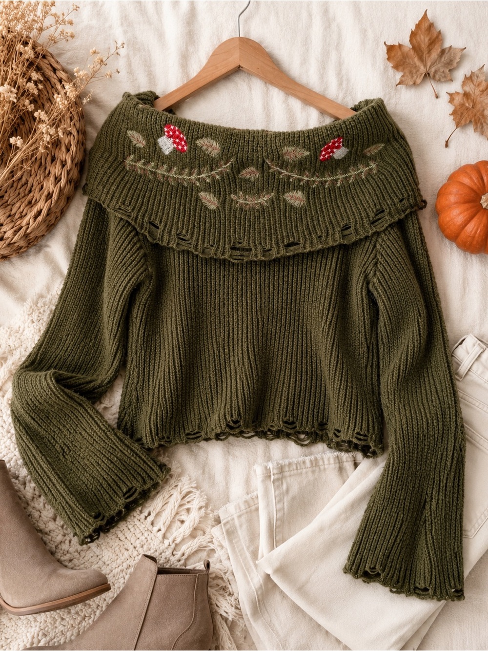 Olive Green Off Shoulder Sweater Embroidered Mushroom Distressed Cottagecore